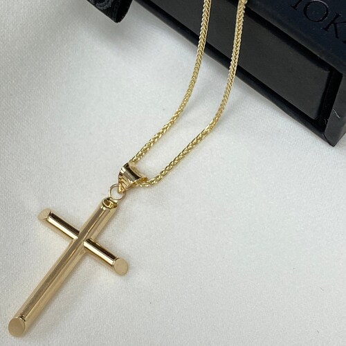 SOLID 10k Gold Box Chain With Cross Pendant Necklace Chain Etsy