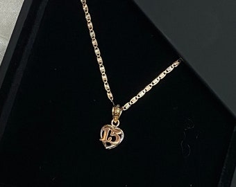 14K Real Gold 15 anos Quinceanera Heart Pendant with Valentino Chain, 15 Years Old Birthday Gift for her/girl