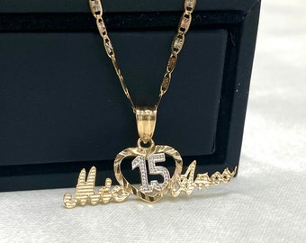 Real 14K Two Tone Gold Sweet 15 Years old Birthday Quinceanera Heart Mis 15 Anos Charm Pendant Necklace with 1.5mm Valentino Chain