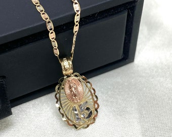 14K Złoty Wisiorek Quinceanera Dziewica Maryja Okrągły Z 1,5 mm Naszyjnik Valentino Chain, Naszyjnik Urodzinowy 15 Lat, Prezent Urodzinowy Dla Dziewczynki