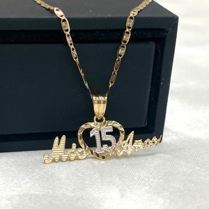 Real 14K Two Tone Gold Sweet 15 Years old Birthday Quinceanera Heart Mis 15 Anos Charm Pendant Necklace with 1.5mm Valentino Chain