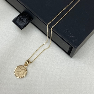 14K Real Yellow Gold Small Angel Religious Charm Pendant with 0.5mm Box Chain Necklace, Guardian Angel Coin Necklace,Engraved Necklace