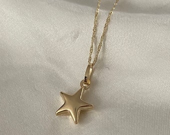 Real 14K Yellow Gold Plain Star Charm Pendant with 0.9mm Singapore Chain Necklace