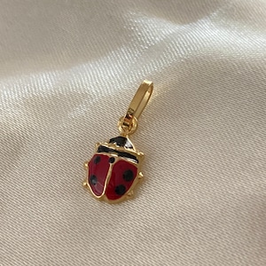 Peut inclure: Un charme de coccinelle en or avec de l'émail rouge et des points noirs. Le charme a une boucle en haut pour l'attacher à un collier ou un bracelet.