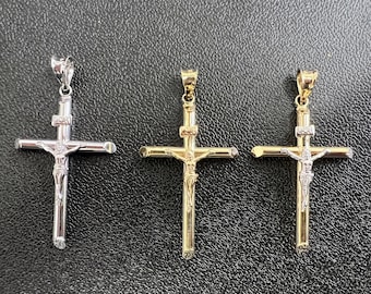14K Real Yellow Gold White Gold Jesus Crucifix Cross Religious Charm Large Pendant For Necklace or Chain