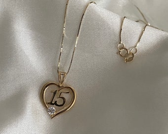 14K Yellow Gold Sweet 15 Years Old 15 Anos Quinceanera Heart Cubic Zirconia Charm Pendant with 0.5mm Box Chain Necklace