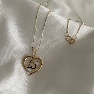 14K Yellow Gold Sweet 15 Years Old 15 Anos Quinceanera Heart Cubic Zirconia Charm Pendant with 0.5mm Box Chain Necklace