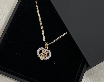 14K Two Tone Gold Sweet 15 Years Quinceanera Heart Cubic Zirconia CZ Charm Pendant Necklace, 1.5mm Valentino Chain, 15 Anos Birthday Gift