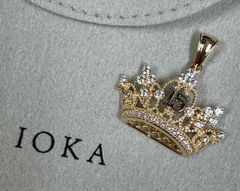 Real 14K Yellow Gold 15 Years Quinceanera Princess Crown or Tiara Cubic Zirconia Charm Small Pendant, Quince Anos Birthday Gift