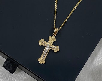 14K Two Tone Gold Crucifix Cross Pendant with Flat Open Wheat Chain Religious Gold cross pendant Religious Baptism Gift idea.