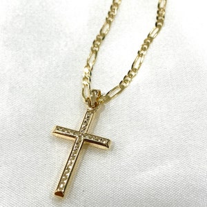 14K Yellow Gold Religious Classic Cross Charm Pendant with 2.3mm Figaro 31 Chain Necklace Faith Hope Unisex Necklace for Men Women image 2