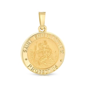 14K Yellow Gold Religious St. Christopher Miraculous Medal Pendant for Chain, Religious Charm, Saint Christopher, Gift For Men/Women.