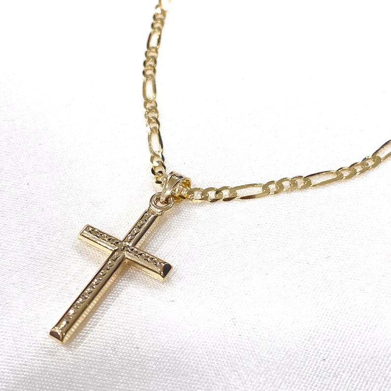 14K Yellow Gold Religious Classic Cross Charm Pendant with 2.3mm Figaro 31 Chain Necklace Faith Hope Unisex Necklace for Men Women image 4