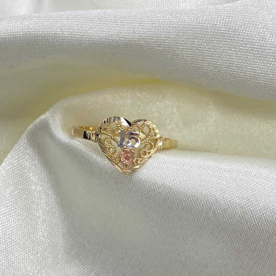 Real 14K Tri Color Gold Sweet 15 Anos Quinceanera Heart Cut Ring 15 Years Birthday Gift Etsy UK