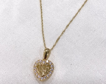Real 14K Gold 15 years old Quinceanera Cubic Zirconia Heart Charm Pendant & 0.9mm Singapore Chain Necklace with Spring Ring Clasp