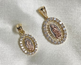 Real 14K Yellow Gold Cubic Zirconia Religious Our Lady of Guadalupe Virgin Mary Charm Pendant