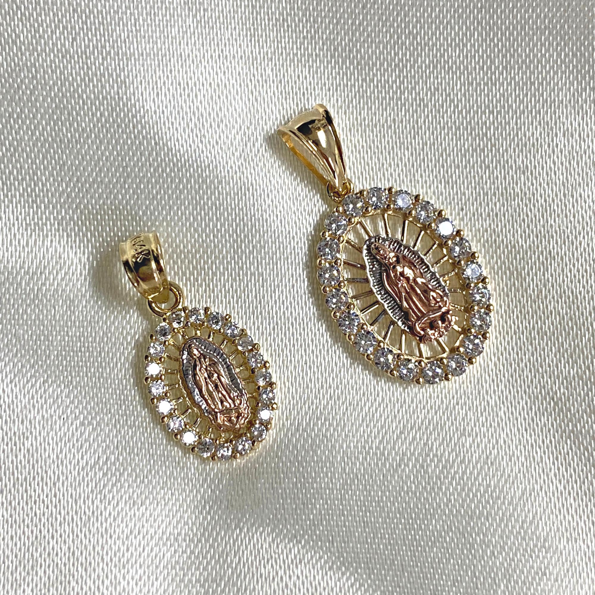 Real 14K Yellow Gold Cubic Zirconia Religious Our Lady of Guadalupe Virgin Mary Charm Pendant