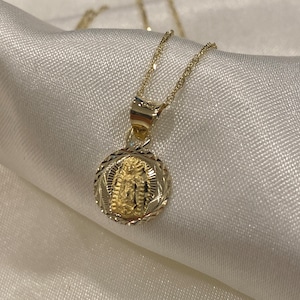14K Yellow Gold Diamond Cut Guadalupe Stamp Pendant with Singapore Chain Religious Necklace, Christian Charm Perfect Gift for men and women