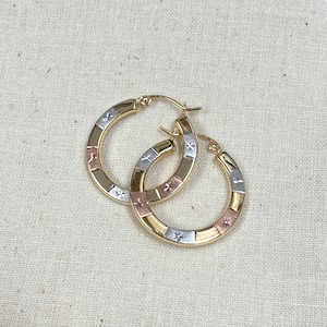 14K Tri Color Gold Diamond Cut Hoop Hinged Earrings, Diamond Cut Hoop Earrings, Real Tri Tone Gold Hoops