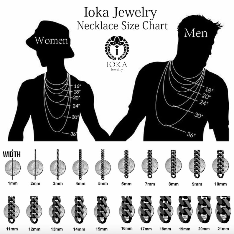 May include: A chart showing necklace sizes for men and women. The chart includes a silhouette of a person wearing necklaces of different lengths, ranging from 16 to 36 inches. The chart also shows the width of different chain styles, ranging from 1 to 21 millimeters.