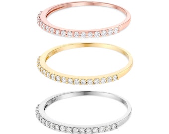 Real 14K Yellow, White Or Rose Gold 1.5MM CZ Women's Stackable Half Eternity Wedding Anniversary Ring Band, Everyday Wear Ring