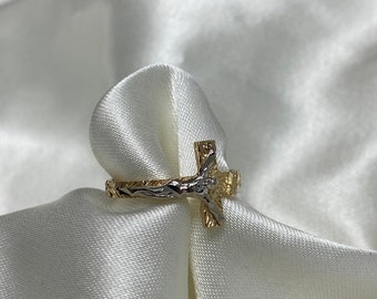 14K Two Tone Gold Sideways Cross Jesus Crucifix Ring, Religious Crucifix Ring, Christian Jewelry, Gift for Her, Gold Cross Ring