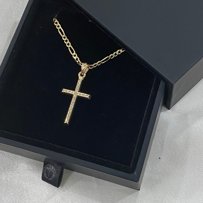 14K Yellow Gold Religious Classic Cross Charm Pendant with 2.3mm Figaro 31 Chain Necklace Faith Hope Unisex Necklace for Men Women image 6