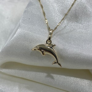 Real 14K Gold Dolphin Necklace, Dainty Dolphin Charm Pendant with 0.9mm Singapore Chain, Sea Ocean Animal Jewelry