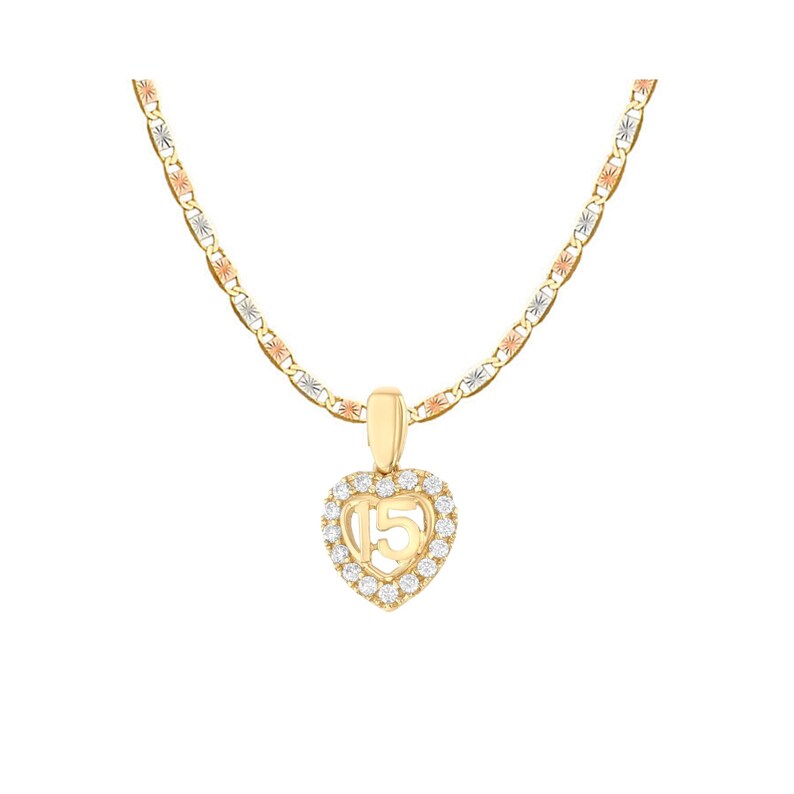 May include: A gold heart-shaped pendant necklace with a number 15 inside and a circle of clear stones around the edge. The necklace is made of a tri-color chain with alternating gold, rose gold, and white gold links.