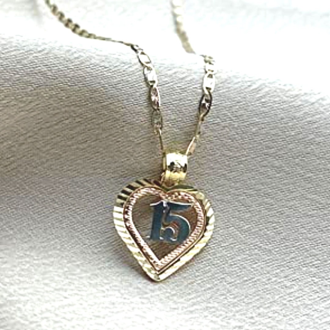 14K Tri Color Gold Heart Sweet 15 Years Quinceanera Necklace, 1.5mm ...