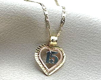 14K Tri Color Gold Heart Sweet 15 Years Quinceanera Necklace, 1.5mm Valentino Chain Necklace, 15 Birthday Gift for Girls