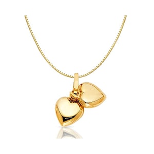 Pendentif double coeur gonflé en or jaune véritable 14 carats avec collier chaîne de 0,6 mm, collier coeur pour femme