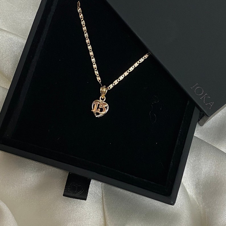 14K Prawdziwe Złoto 15 Anos Quinceanera Serce Wisiorek z Łańcuchem Valentino, 15 Lat Urodziny Prezent dla Niej/Dziewczyny zdjęcie 1