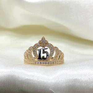 14K zweifarbiges Gold CZ 15 Jahre Geburtstag Tiara Prinzessin Quinceanera Ring, Quinceanera Anos Geburtstagsband, Quinceanera Geschenk für Mädchen