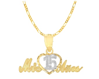 14k Real Gold Quinceanera Heart Mis 15 Anos Pendant With 1.6mm Figaro 3+1 Chain, 15 anos Birthday Jewelry, Quinceanera Necklace
