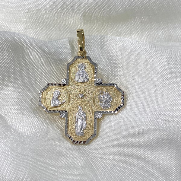 Real 14K Two Color Gold Catholic Four-Way Cross Jesus Guadalupe Saint Medals Religious Pendant