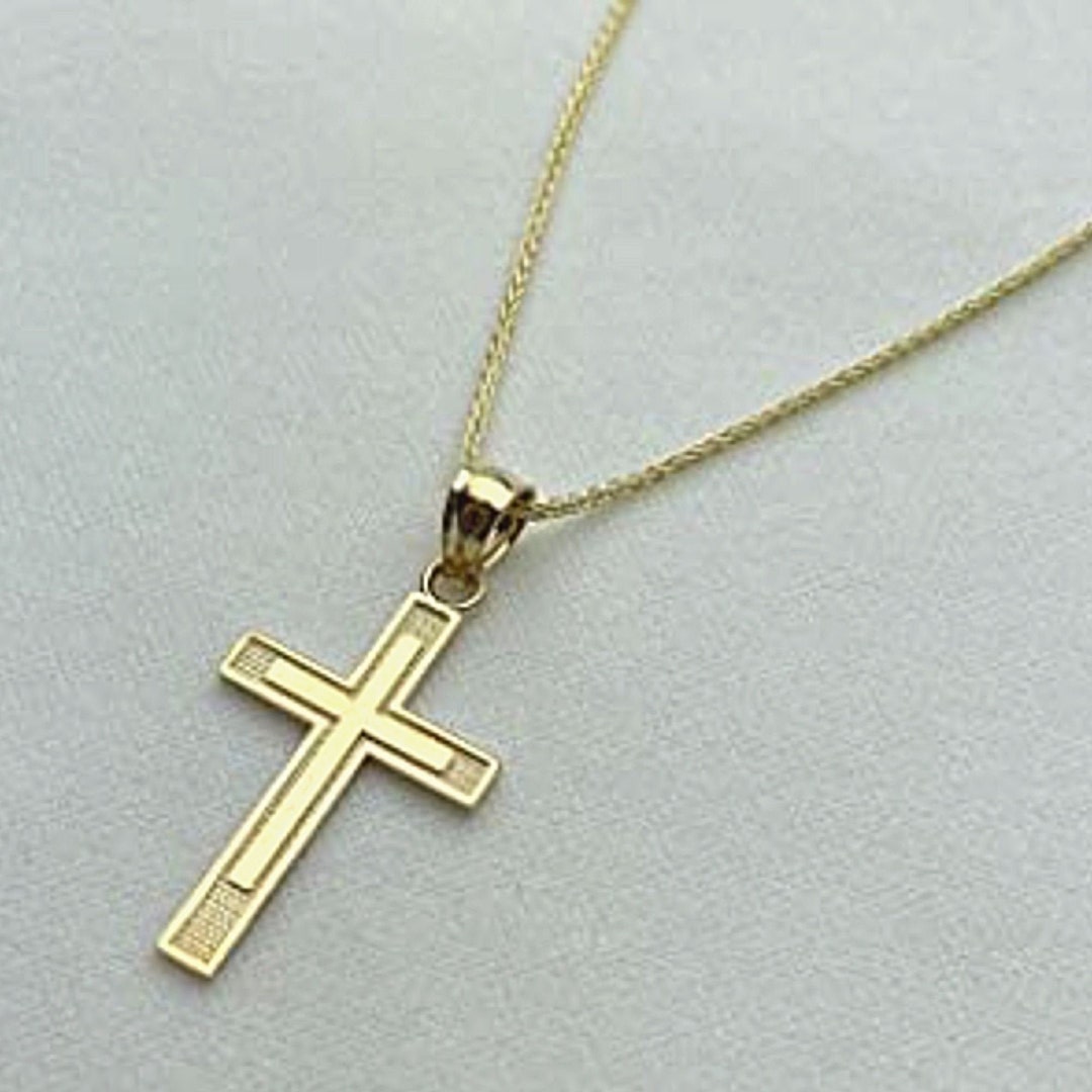 14K Real Yellow Gold Cross Charm Pendant With 0.9mm Wheat Chain
