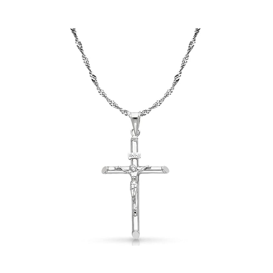 FDJ Solid 14k White Gold Simple Cross Pendant - Religious Jewelry For Men & Women