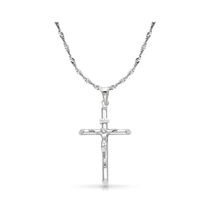 14K Real White Gold Jesus Crucifix Cross Pendant with 1.2mm Singapore Chain Necklace, Christian Jewelry Gift