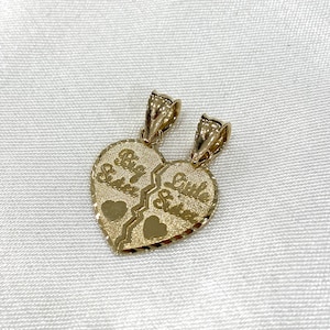 14K Real Yellow Gold Big Sister and Little Sister Two Piece Half Heart Couple Love Charm Pendant for Necklace or Chain