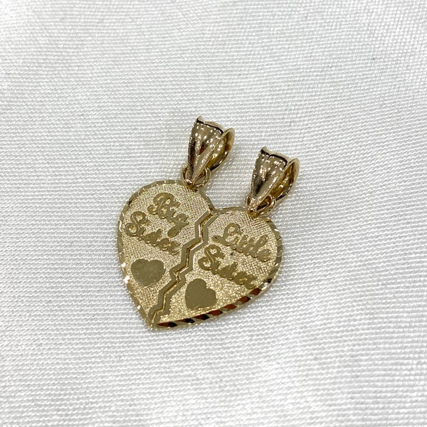 14K Real Yellow Gold Big Sister and Little Sister Two Piece Half Heart Couple Love Charm Pendant for Necklace or Chain
