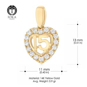 May include: A 14K yellow gold heart pendant with a clear diamond halo and the number 15 in the center. The pendant measures 11 mm by 13 mm.