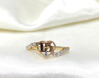 14K Two Tone Gold 15 Years Birthday Cubic Zirconia Heart Quinceanera Ring, 15 Anos Birthday Jewelry Gift for Girls