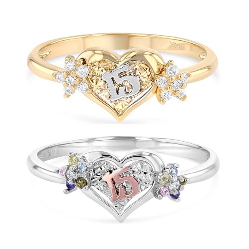 4 Jewel Tie Solid 14k Yellow Gold Cubic Zirconia CZ 15 Years Birthday Heart Ring Size 4 Jewel Tie Solid 14k Yellow Gold Cubic Zirconia CZ 15 Years Birthday Heart Ring Size