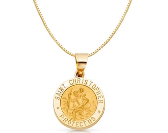 Real 14k Yellow Gold Religious St. Christopher Round Charm Pendant with 0.8mm Box Chain Necklace