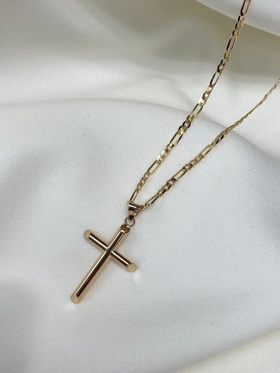 Real 14k Gold Cross Pendant Necklace Chain Tube Cross 1.9mm Etsy