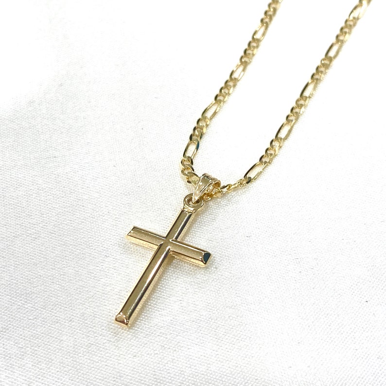 14K Yellow Gold Religious Classic Cross Charm Pendant with 2.3mm Figaro 31 Chain Necklace Faith Hope Unisex Necklace for Men Women image 3