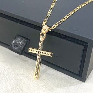 14K Yellow Gold Religious Classic Cross Charm Pendant with 2.3mm Figaro 31 Chain Necklace Faith Hope Unisex Necklace for Men Women image 5