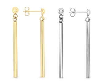 14K Real Yellow White Gold Plain Round Long Stick Drop Line Bar Drop Hanging Earrings, Simple Long Earrings, Push Back Earrings