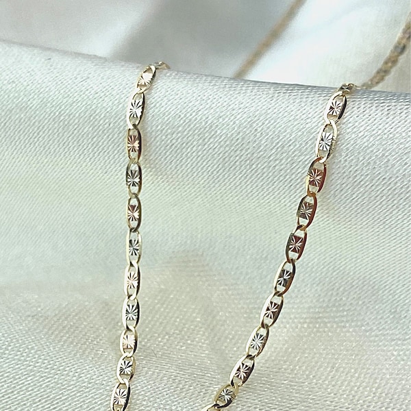 Real 14K Tri Color Gold 1.5mm Valentino Chain Necklace with Spring Ring Clasp, for Women/Men, 14k White Rose Yellow Gold Chain